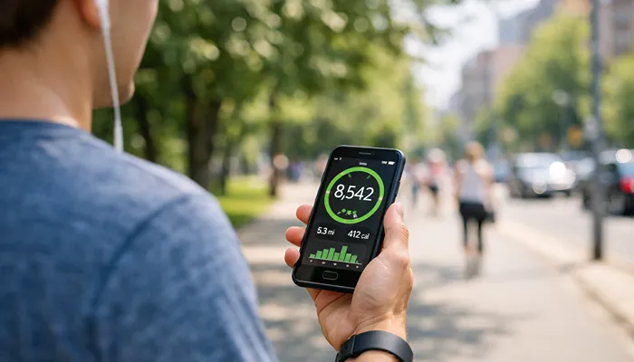 person walking outdoors while tracking steps on fitness app