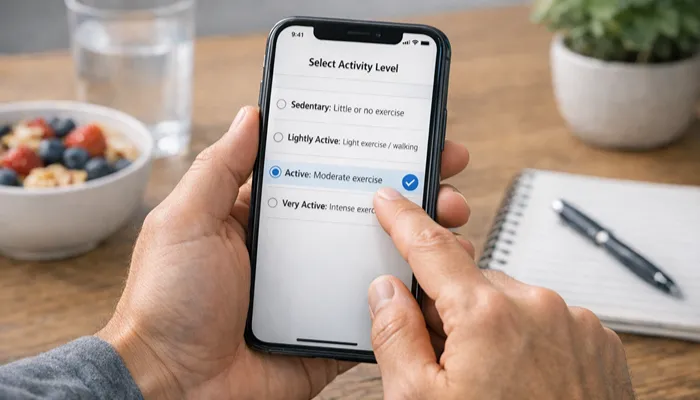 selecting activity level in a calorie tracking fitness app