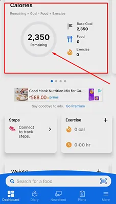 MyFitnessPal dashboard showing remaining calories and daily calorie goal