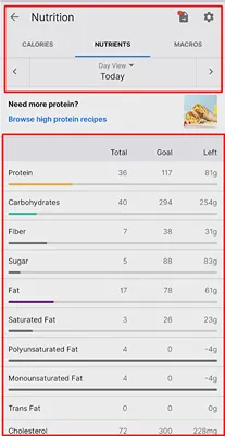 MyFitnessPal nutrition breakdown showing calories carbs fat and protein