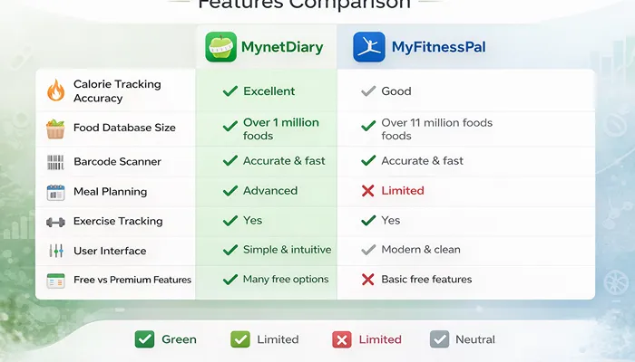 MynetDiary vs MyFitnessPal comparison for weight loss tracking apps in 2026