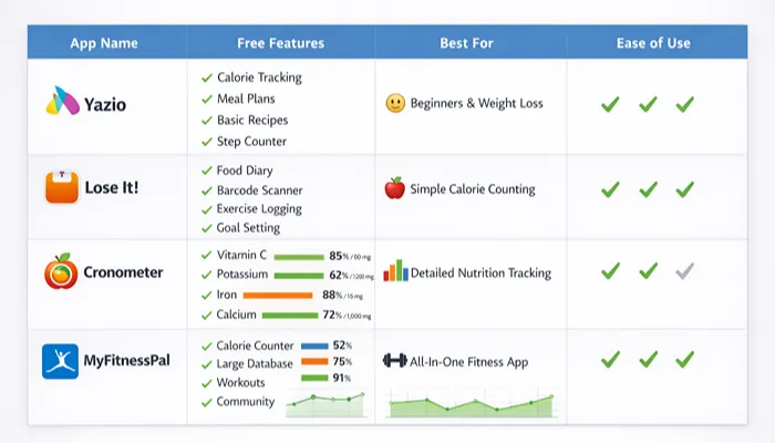 comparison of free alternatives to MyFitnessPal apps