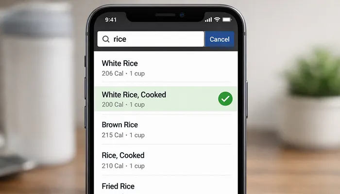 Search for rice in MyFitnessPal to find the correct food option for dinner. Searching for rice in MyFitnessPal app showing food results
