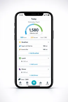 Yazio app interface for tracking calories and meals