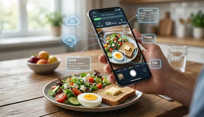 MyFitnessPal meal scan feature identifying foods and estimating calories from a photo