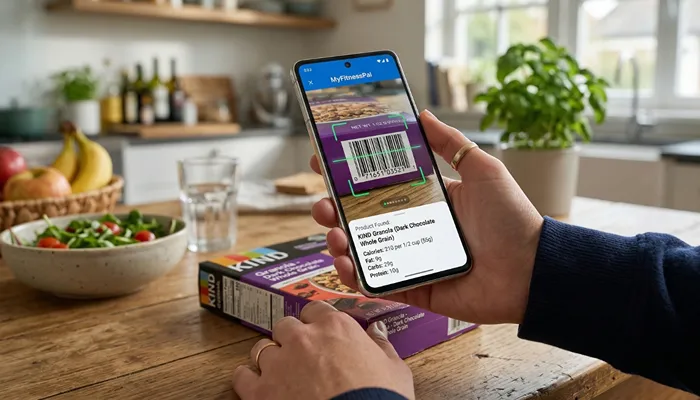 smartphone scanning barcode on food package using calorie tracking app