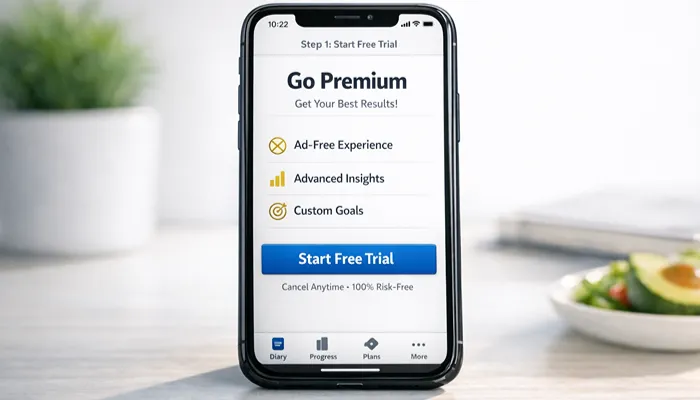 MyFitnessPal free premium trial screen with calories and macros