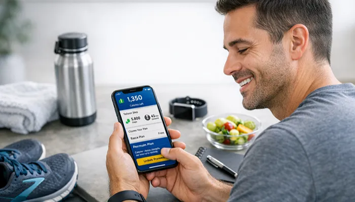 person reviewing fitness app subscription while tracking calories